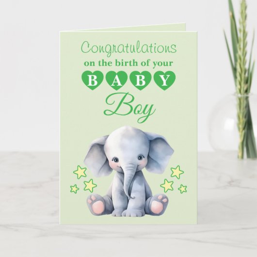 Baby boy congratulations elephant green カード (正面)