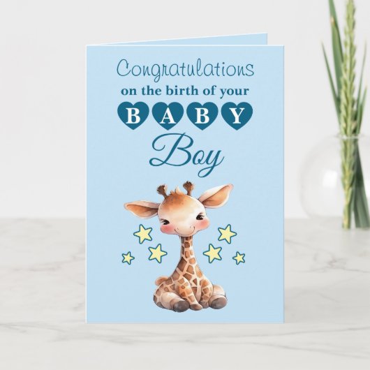 Baby boy congratulations giraffe blue カード (正面)