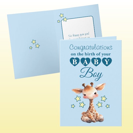 Baby boy congratulations giraffe blue カード