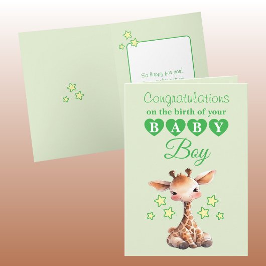 Baby boy congratulations giraffe green カード