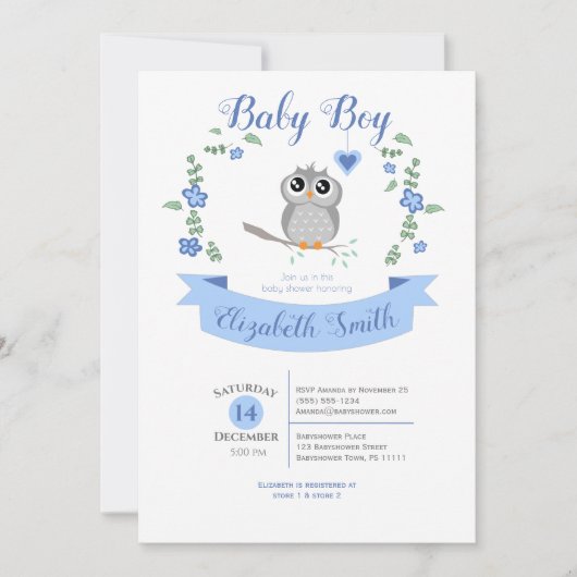 Baby Boy Cute owl babyshower 招待状 (正面)
