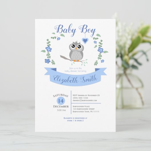 Baby Boy Cute owl babyshower 招待状 (スタンド正面)