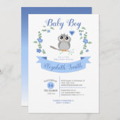 Baby Boy Cute owl babyshower 招待状 (正面/裏面)