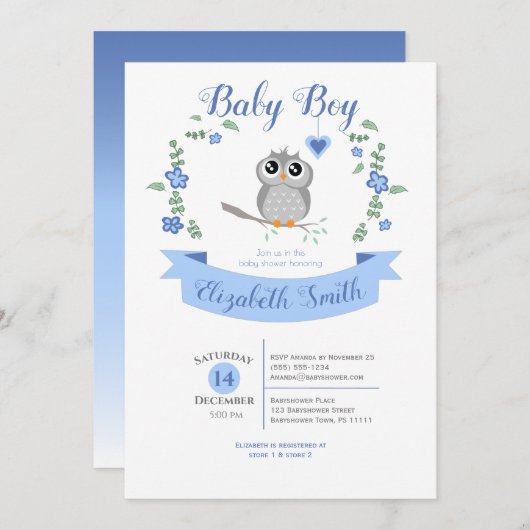 Baby Boy Cute owl babyshower 招待状 (正面/裏面)