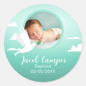 Baby Boy Dove Baptism Announcement Blue Teal ラウンドシール (正面)