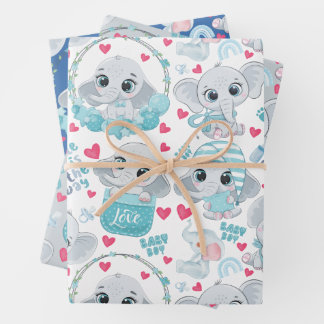Baby Boy Elephant Cute Blue Baby Shower Baptism  ラッピングペーパーシート
