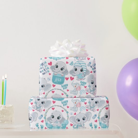 Baby Boy Elephant Cute Blue Baby Shower Baptism ラッピングペーパー (パーティーギフト)