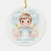 Baby Boy First Christmas Blue Angel Photo セラミックオーナメント (正面)