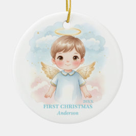 Baby Boy First Christmas Blue Angel Photo セラミックオーナメント