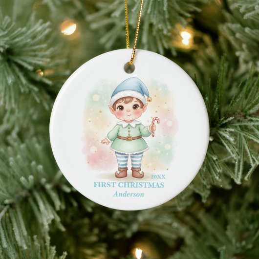 Baby Boy First Christmas Blue Elf Photo セラミックオーナメント (ツリー)