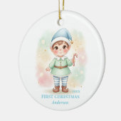 Baby Boy First Christmas Blue Elf Photo セラミックオーナメント (左)