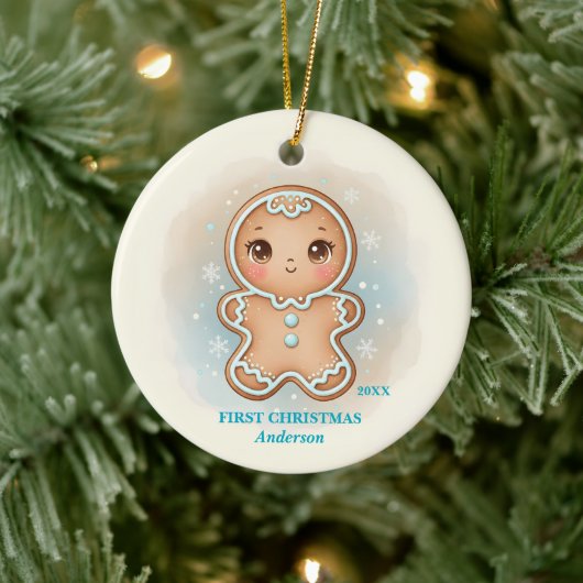 Baby Boy First Christmas Blue Gingerbread Photo セラミックオーナメント (ツリー)