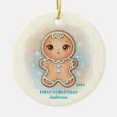 Baby Boy First Christmas Blue Gingerbread Photo セラミックオーナメント (正面)