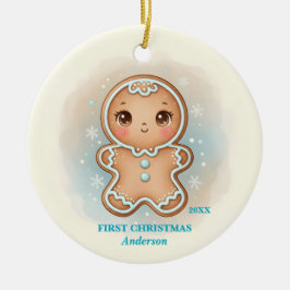 Baby Boy First Christmas Blue Gingerbread Photo セラミックオーナメント
