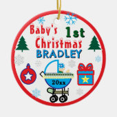 Baby Boy First Christmas Blue Hat NAME セラミックオーナメント (正面)