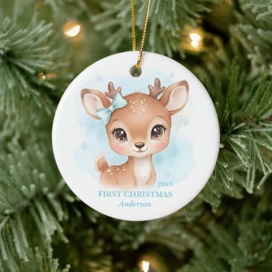 Baby Boy First Christmas Blue Reindeer Photo セラミックオーナメント (ツリー)