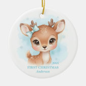 Baby Boy First Christmas Blue Reindeer Photo セラミックオーナメント (正面)