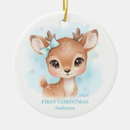 Baby Boy First Christmas Blue Reindeer Photo セラミックオーナメント