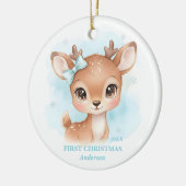 Baby Boy First Christmas Blue Reindeer Photo セラミックオーナメント (左)