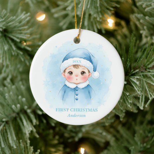 Baby Boy First Christmas Blue Santa Photo セラミックオーナメント (ツリー)