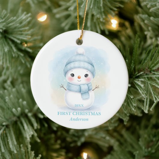 Baby Boy First Christmas Blue Snowman Photo セラミックオーナメント (ツリー)