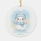 Baby Boy First Christmas Blue Snowman Photo セラミックオーナメント (正面)