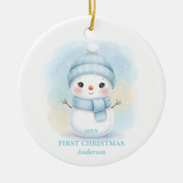 Baby Boy First Christmas Blue Snowman Photo セラミックオーナメント