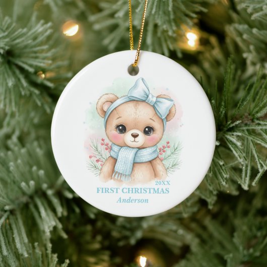 Baby Boy First Christmas Blue Teddy Bear Photo セラミックオーナメント (ツリー)