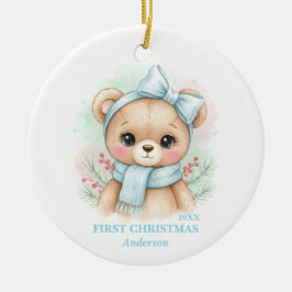 Baby Boy First Christmas Blue Teddy Bear Photo セラミックオーナメント