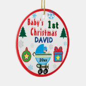 Baby Boy First Christmas Blue White Carriage NAME セラミックオーナメント (右)