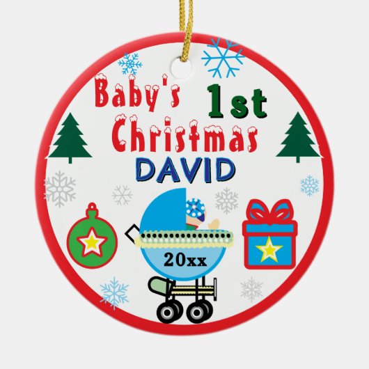 Baby Boy First Christmas Blue White Carriage NAME セラミックオーナメント (正面)