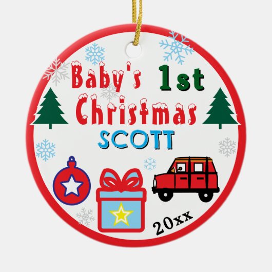 Baby Boy First Christmas Red  Car NAME セラミックオーナメント (正面)
