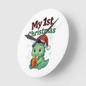 Baby Boy My 1st Christmas Dino ラウンド壁時計 (傾斜)