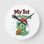 Baby Boy My 1st Christmas Dino ラウンド壁時計 (正面)