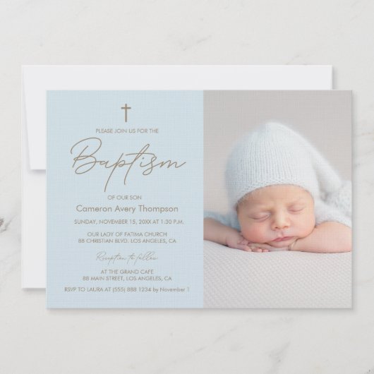 Baby Boy Photo Baptism Elegant Modern Christening 招待状 (正面)