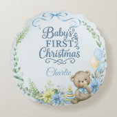 Baby Boy’s First Christmas Personalized Name Photo ラウンドクッション (正面)