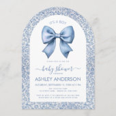 Baby Boy Shower Bow Blue White Floral Pattern Arch 招待状 (正面)