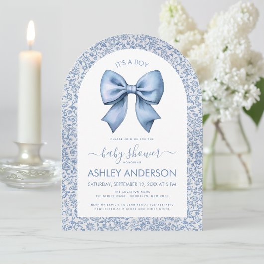 Baby Boy Shower Bow Blue White Floral Pattern Arch 招待状