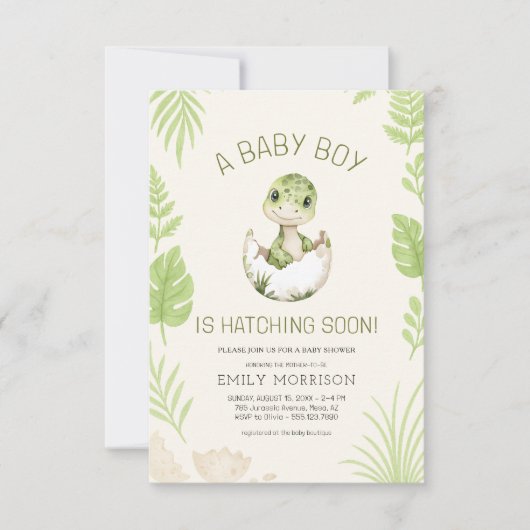 Baby Boy Shower Dinosaur Hatching Soon  招待状 (正面)