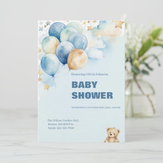 Baby Boy Shower Invitation | Blue Teddy Bear 招待状 (スタンド正面)
