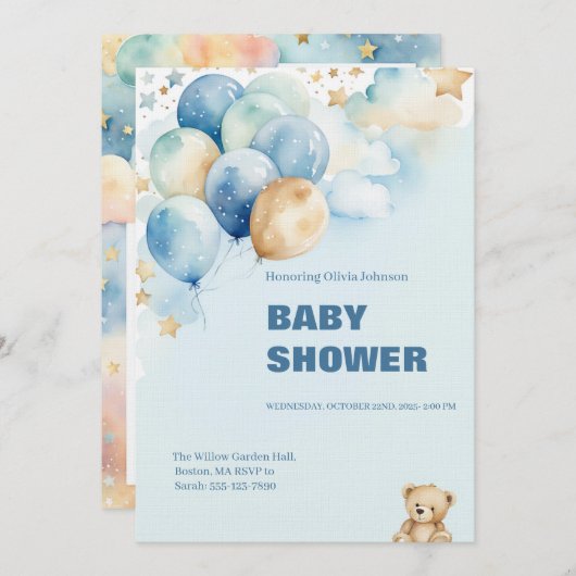 Baby Boy Shower Invitation | Blue Teddy Bear 招待状 (正面/裏面)