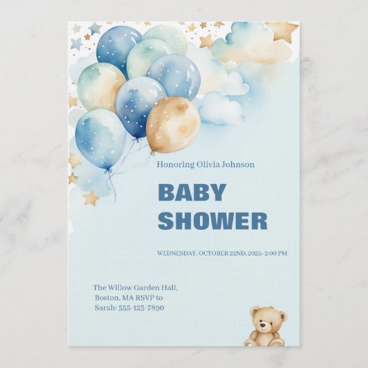 Baby Boy Shower Invitation | Blue Teddy Bear 招待状 (正面)