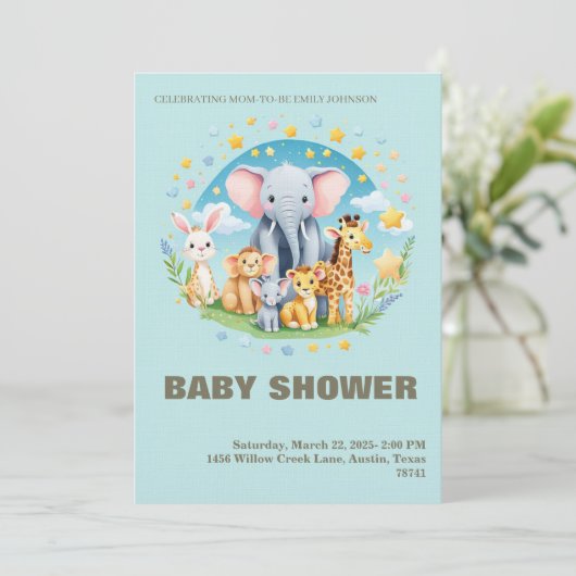 Baby Boy Shower Invitation Cartoon Animals 招待状 (スタンド正面)