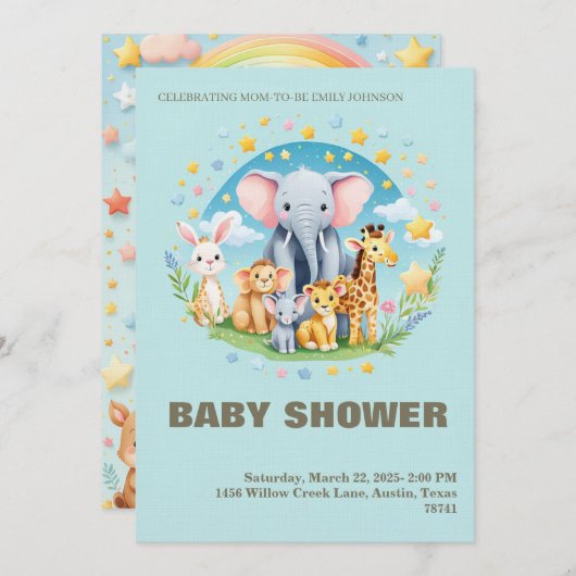 Baby Boy Shower Invitation Cartoon Animals 招待状 (正面/裏面)