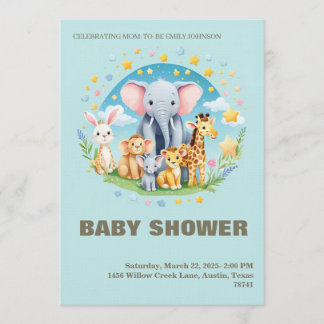 Baby Boy Shower Invitation Cartoon Animals 招待状