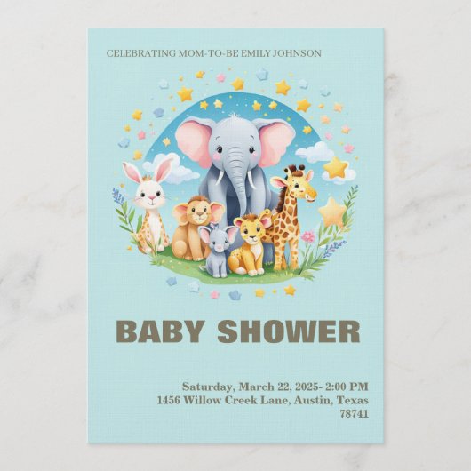 Baby Boy Shower Invitation Cartoon Animals 招待状 (正面)
