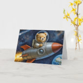 Baby Boy Teddy Bear In a Rocket カード (黄色い花)