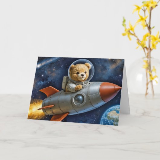 Baby Boy Teddy Bear In a Rocket カード (黄色い花)