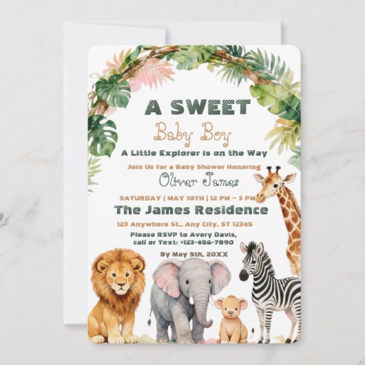Baby Boy Tropical Jungle Safari Shower Invitation 招待状 (正面)