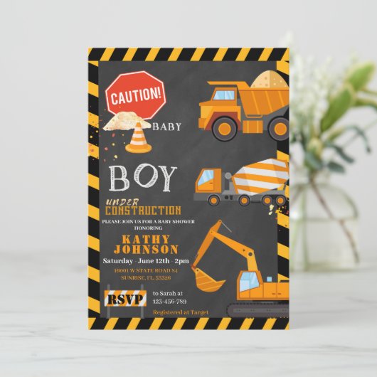 Baby Boy Under Construction Baby Shower Invitation 招待状 (スタンド正面)